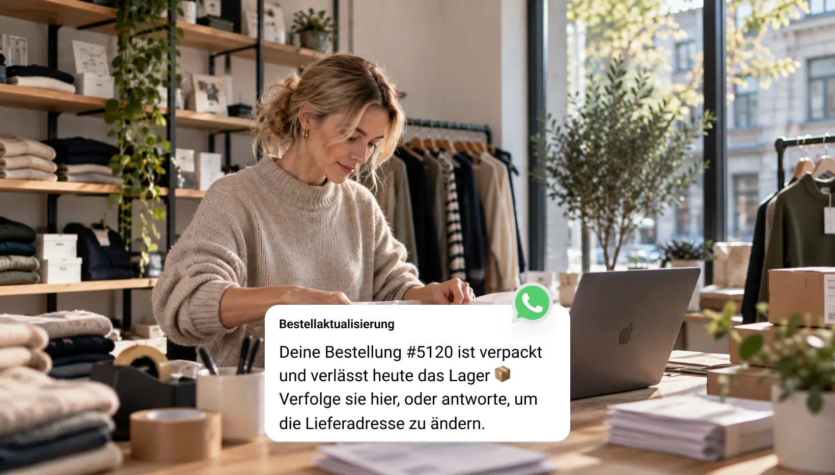Online-Kundin öffnet eine WhatsApp-Kampagnennachricht auf ihrem Smartphone