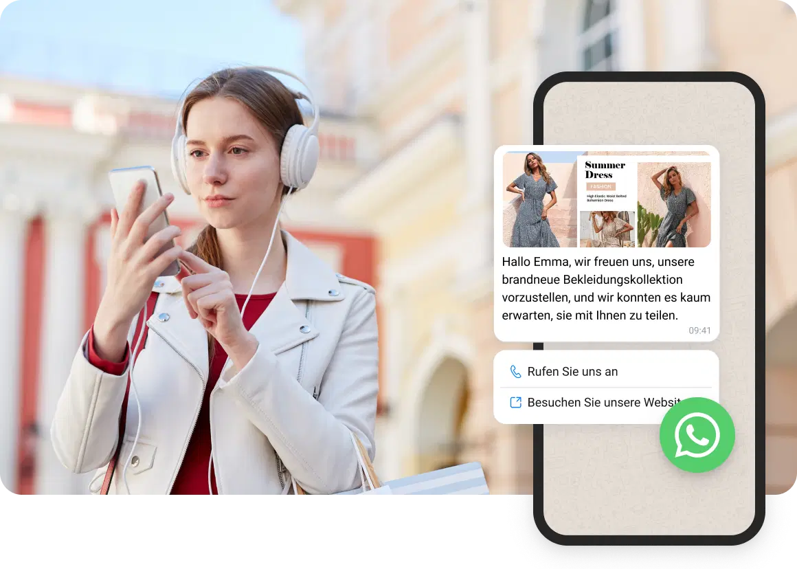 Mädchen mit weißen Kopfhörern liest WhatsApp-Nachrichten von einem E-Commerce-Anbieter.