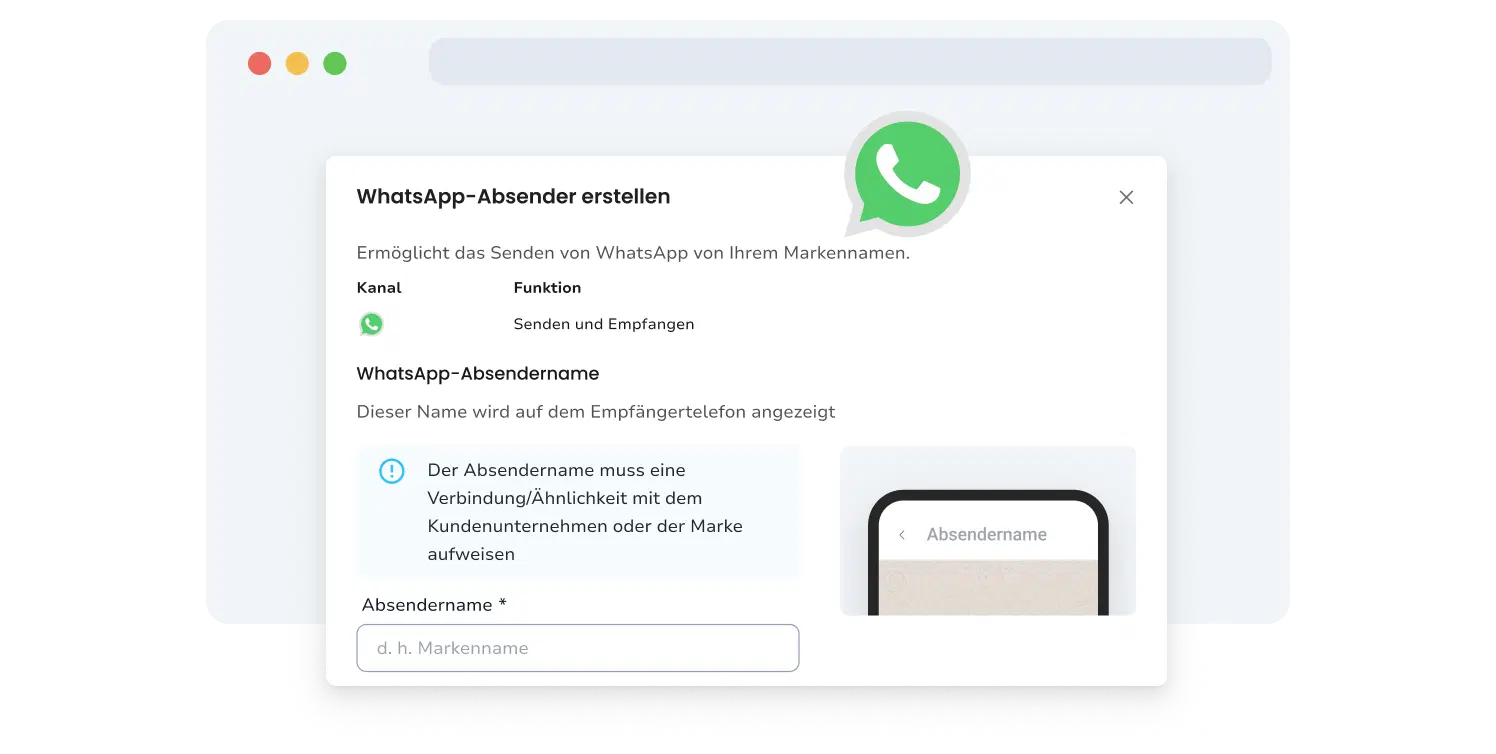 Ansicht der Absender-Übermittlungsseite für WhatsApp auf TopMessage.