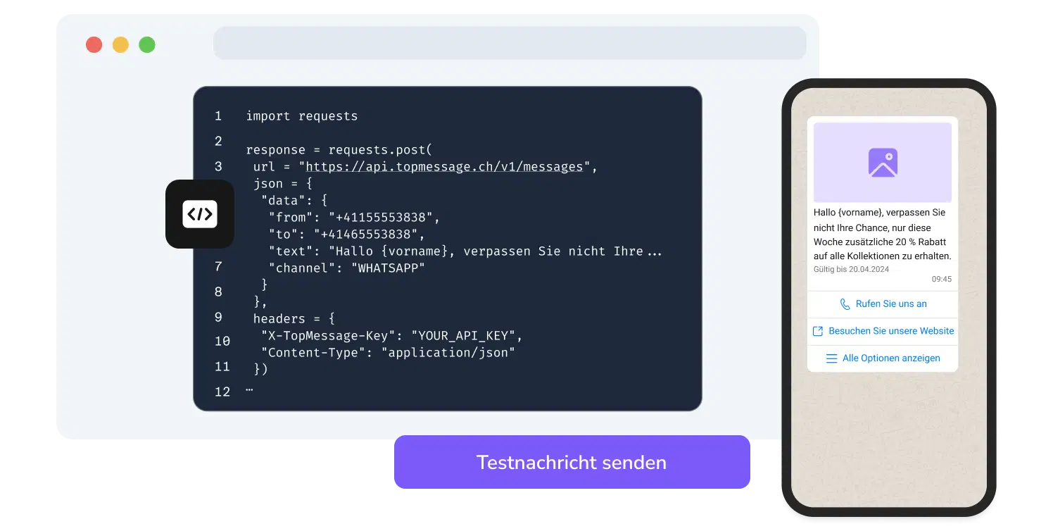 Darstellung der API-Seite von TopMessage, die die WhatsApp-Codetestfunktion zeigt.