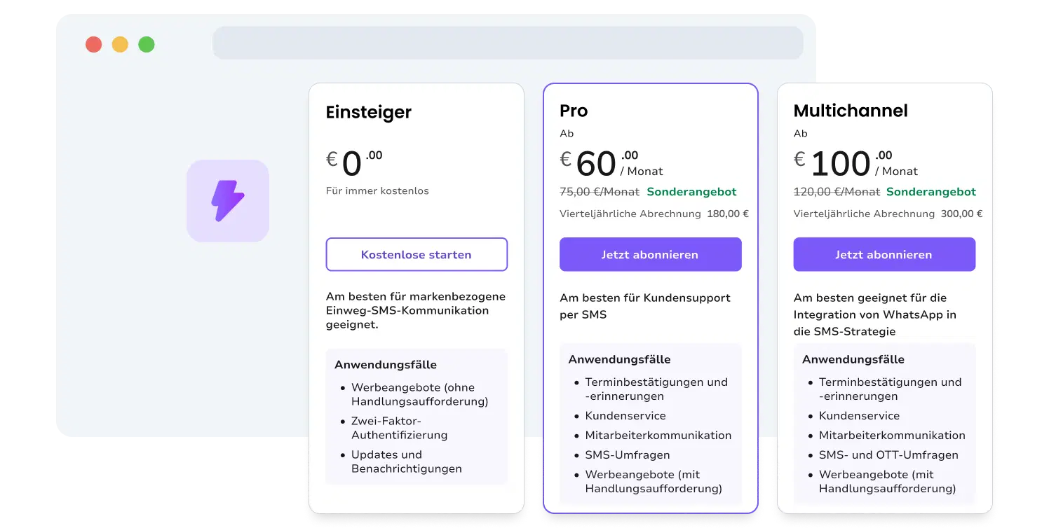 Screenshot der Preisübersichtsseite von TopMessage.