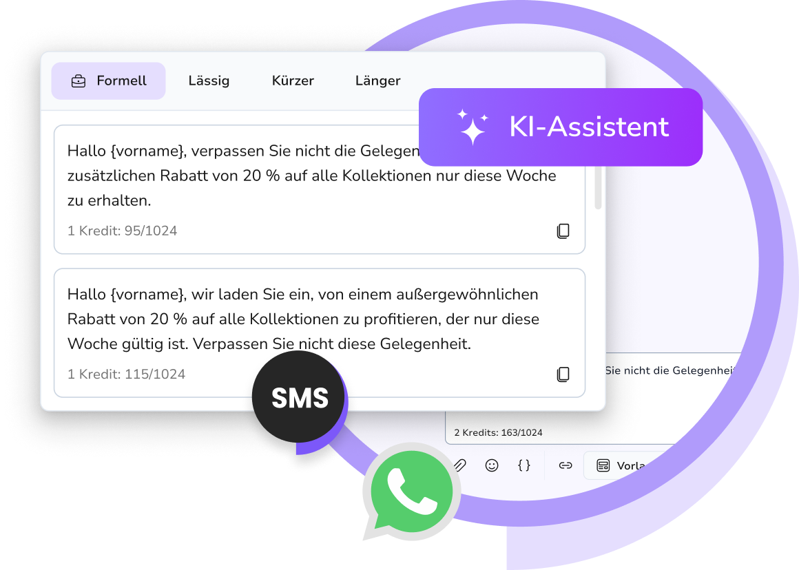 Screenshot des TopMessage-KI-Assistenten beim Generieren intelligenter Antwortvorschläge zur Optimierung der Kundenkommunikation über SMS und WhatsApp im zentralen Posteingang.