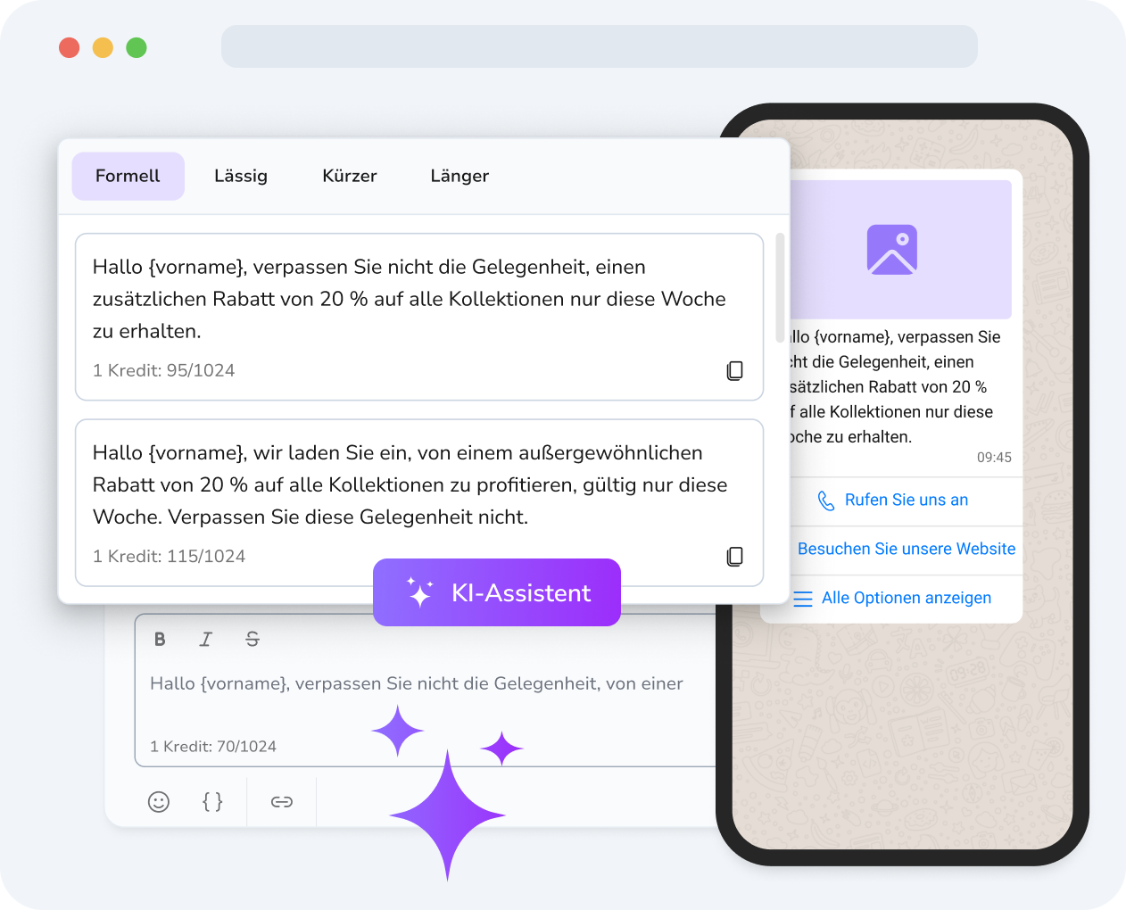 Mobilgerät mit einer WhatsApp-Nachricht und Vorschlägen zur schnellen Beantwortung durch TopMessage KI – versandbereit mit einem Klick.