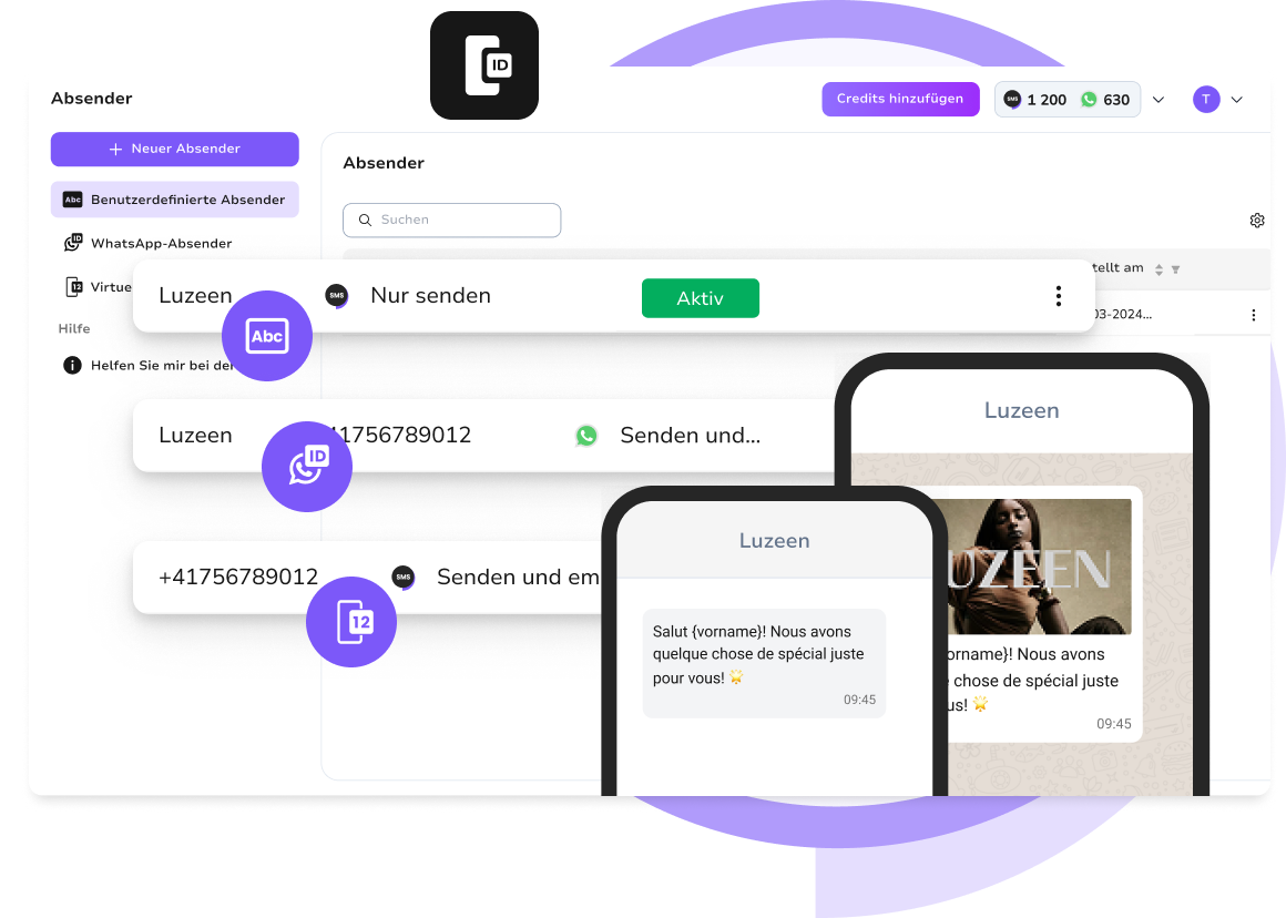 Dashboard von TopMessage zeigt die Verwaltung und Erstellung von Absendern.