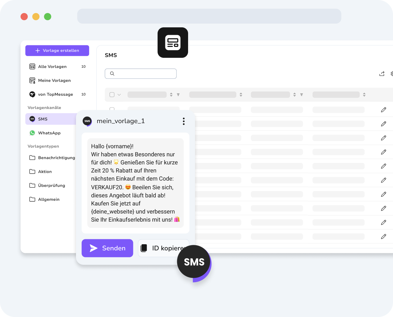 Einheitliches Dashboard mit SMS- und WhatsApp-Vorlagen zur zentralen Verwaltung