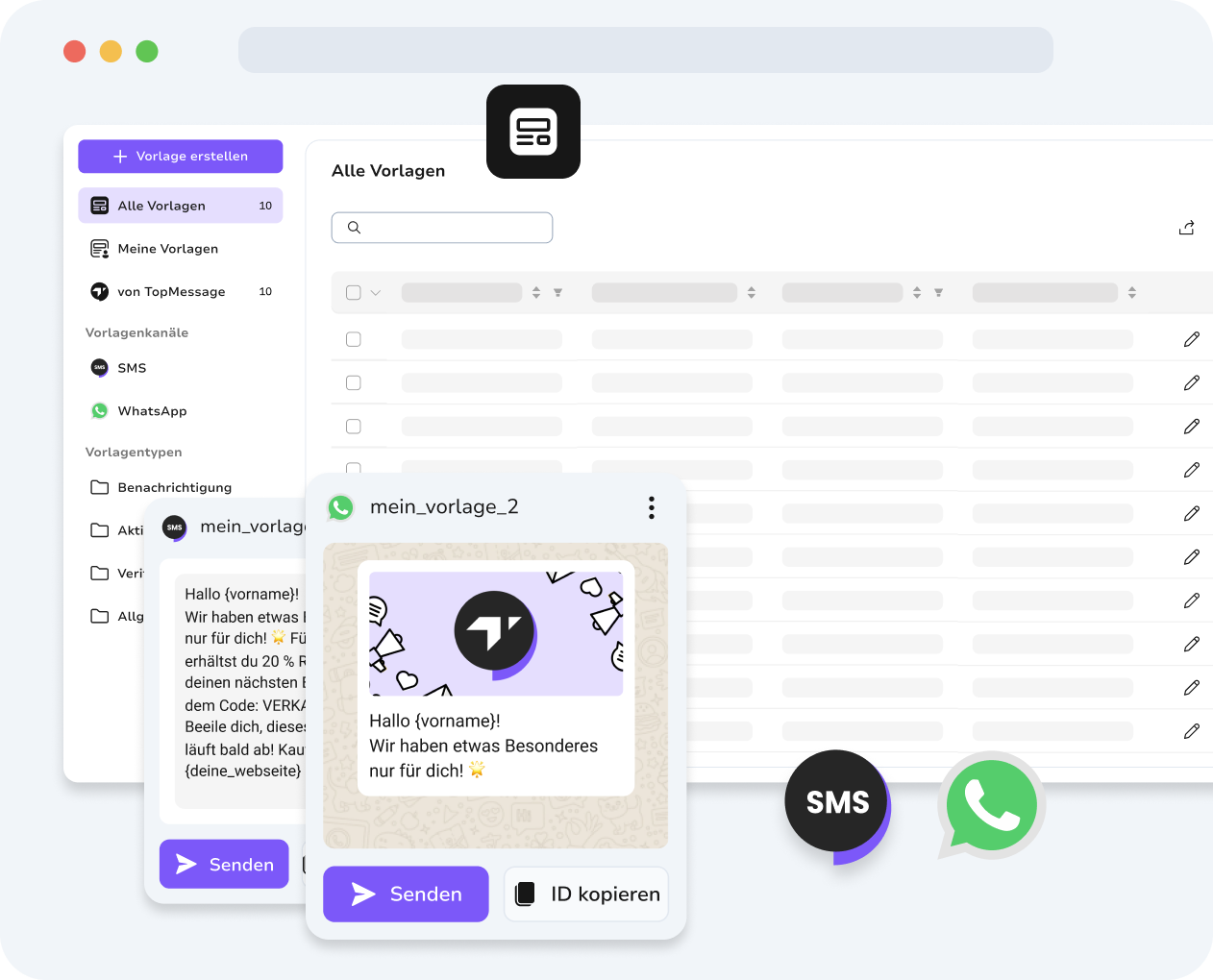 Zentrales Dashboard mit WhatsApp- und SMS-Vorlagen für effizientes Kommunikationsmanagement