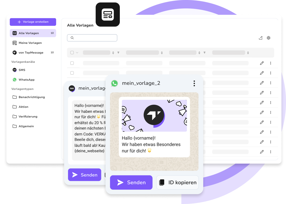 TopMessage-Oberfläche zeigt WhatsApp-Nachrichtenvorlagen für automatisierte und personalisierte Kommunikation