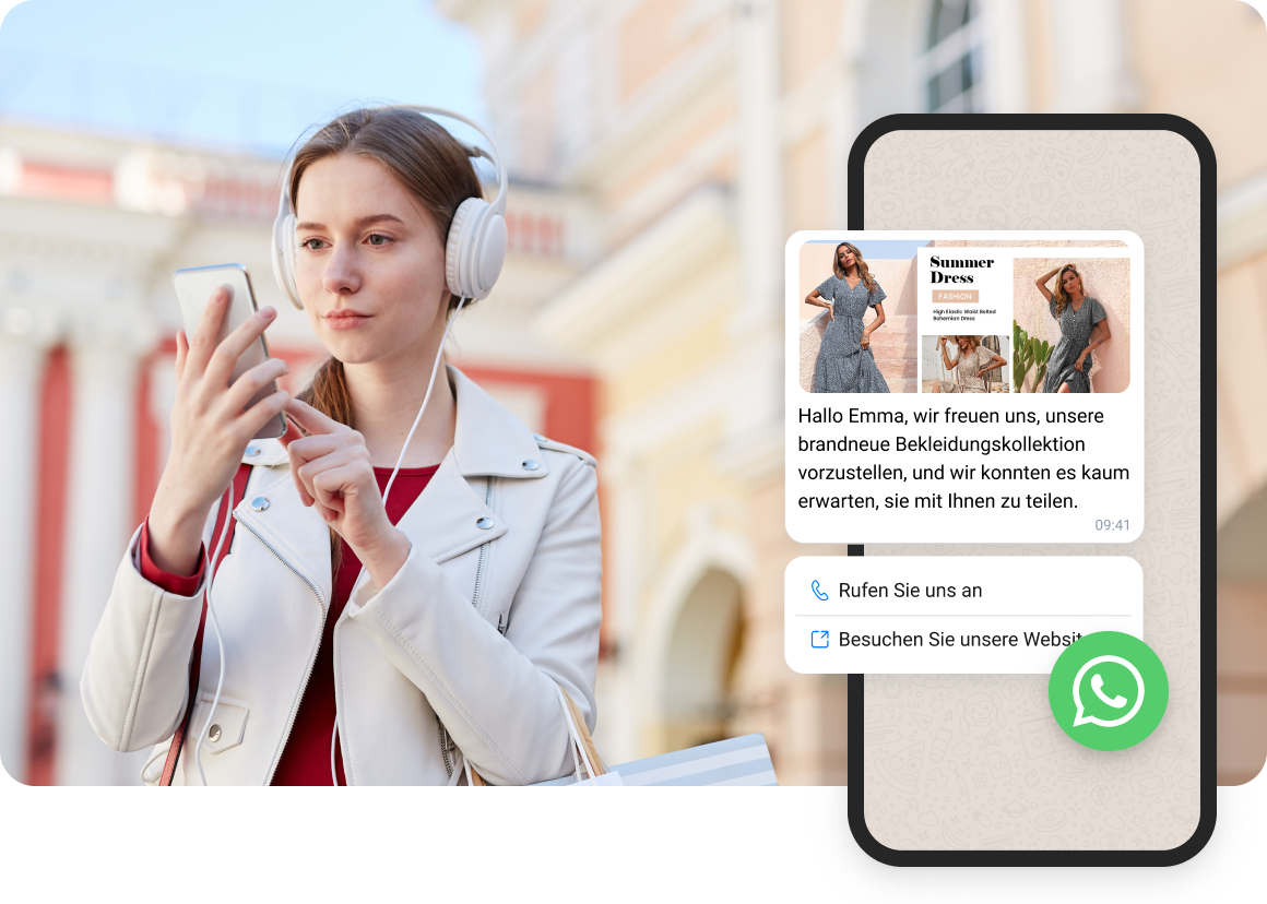 Mädchen mit weißen Kopfhörern liest WhatsApp-Nachrichten von einem E-Commerce-Anbieter.