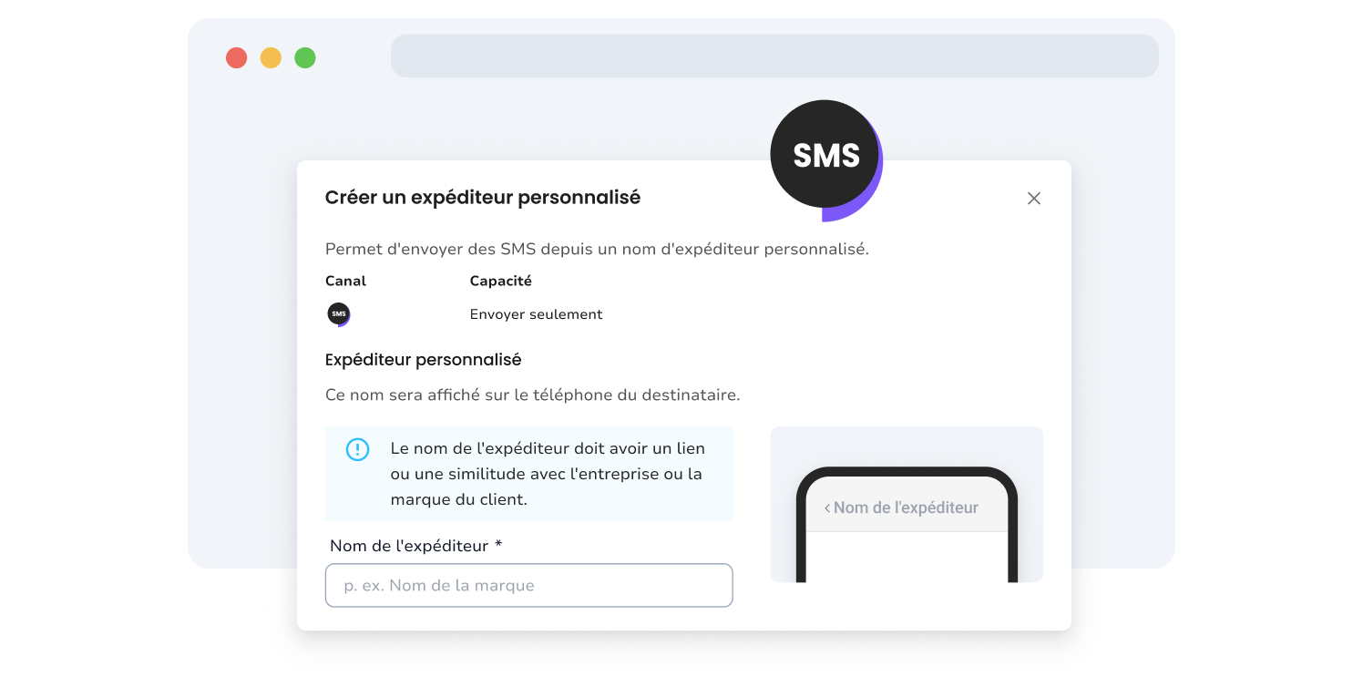 Vorschau der Seite zur Konfiguration eines gebrandeten SMS-Absenders auf TopMessage.