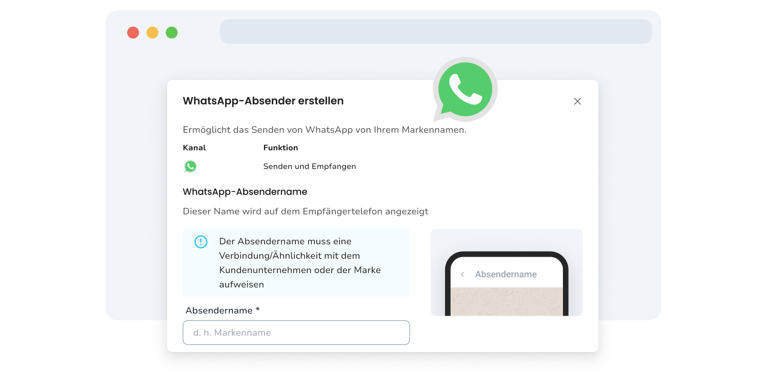 Ansicht der WhatsApp-Absender-Einstellungen in TopMessage.