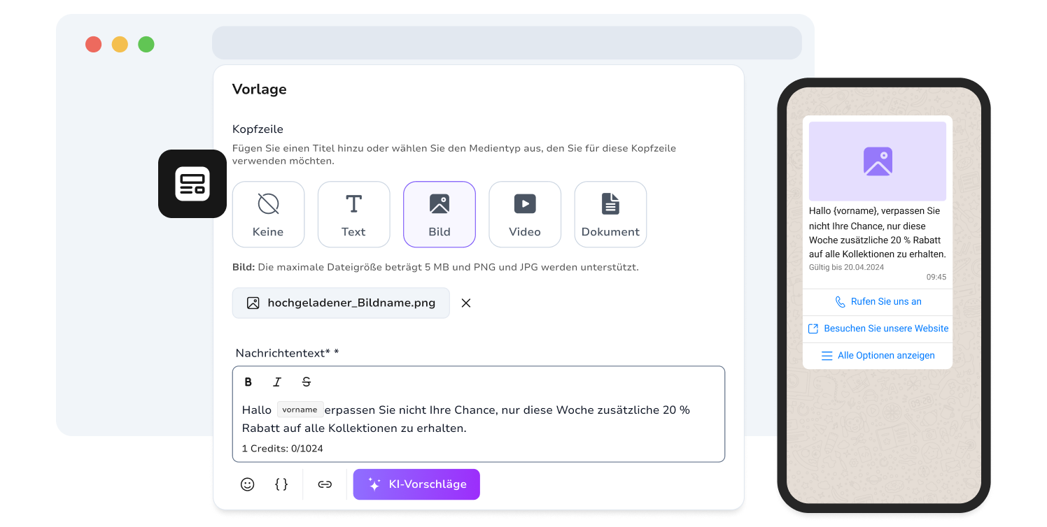 Vorschau des Tools zur dynamischen WhatsApp-Vorlagenerstellung in TopMessage.