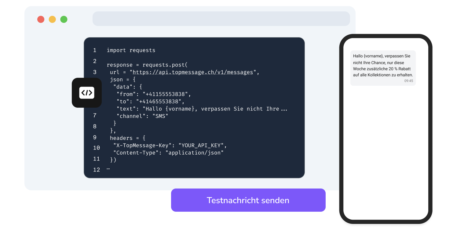 Ansicht der API-Seite von TopMessage mit der SMS-Code-Testfunktion.