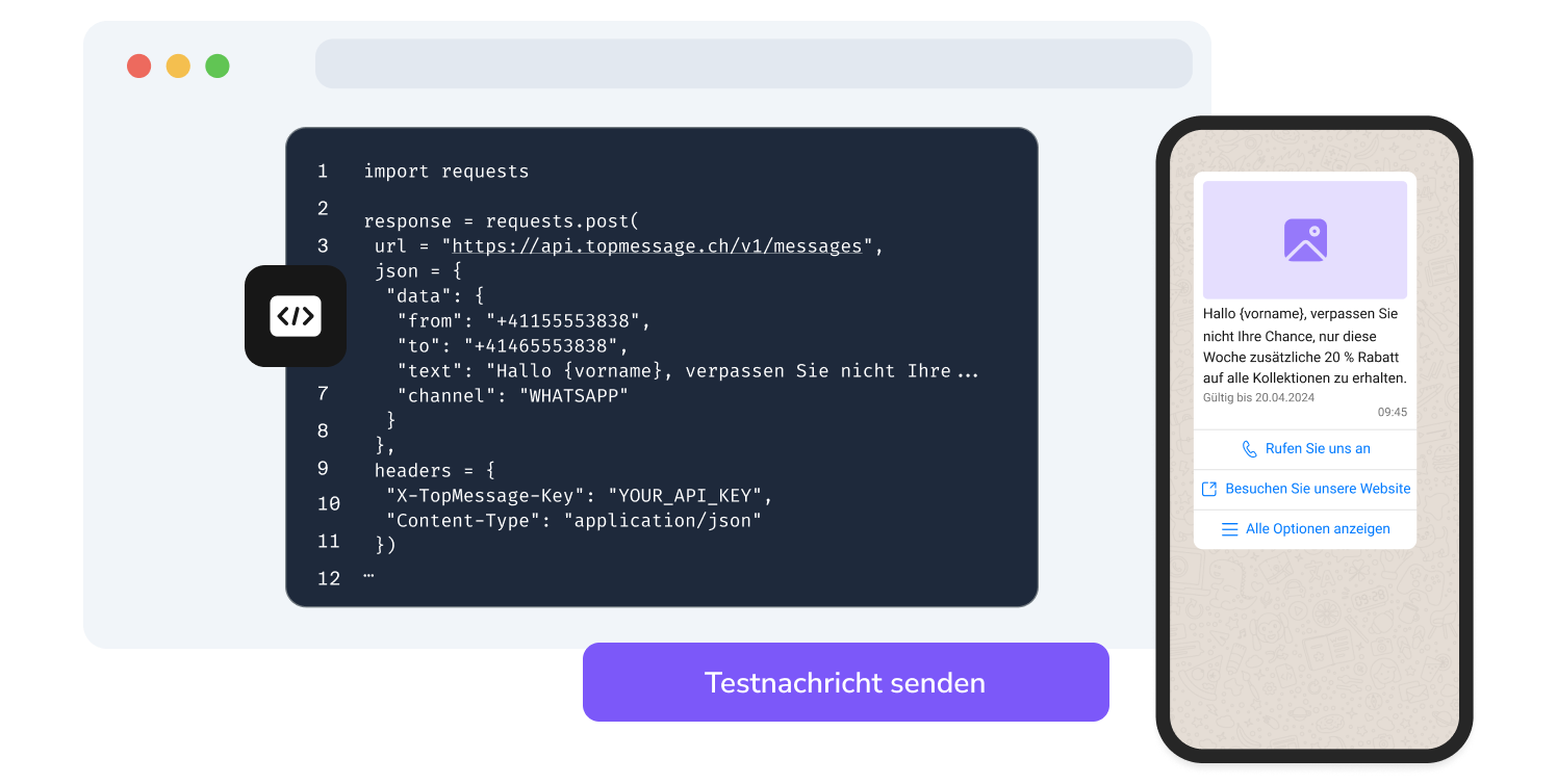 Vorschau der Testfunktion für WhatsApp-Codes auf der TopMessage-API-Seite.