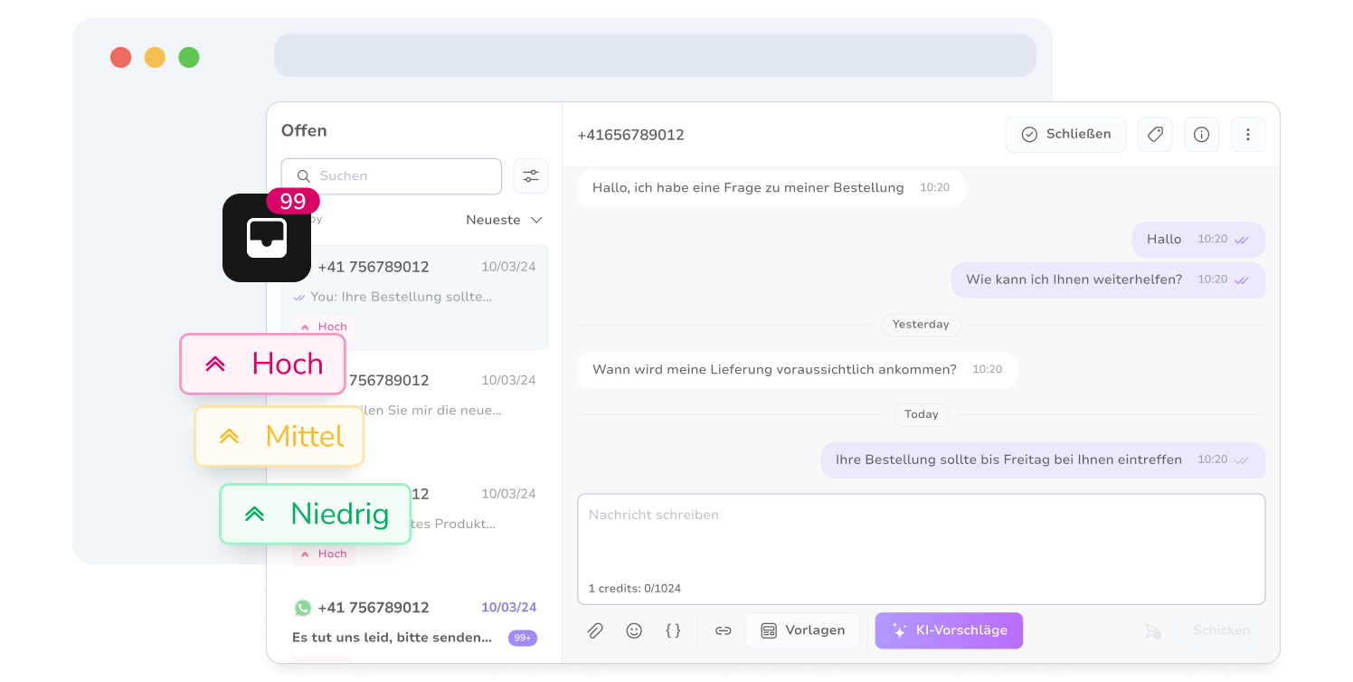 Anzeige des unified Posteingangs von TopMessage mit priorisierten Chats.