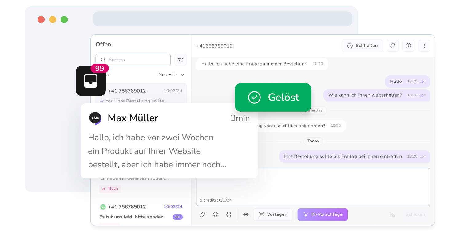 Screenshot des einheitlichen Messaging-Posteingangs von TopMessage mit aufgelösten SMS-Konversationen