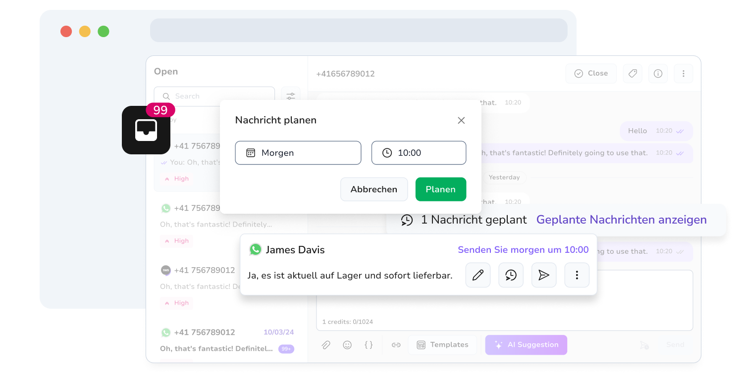 Anzeige der WhatsApp-Nachrichtenverwaltung in TopMessage mit Planungsoption.