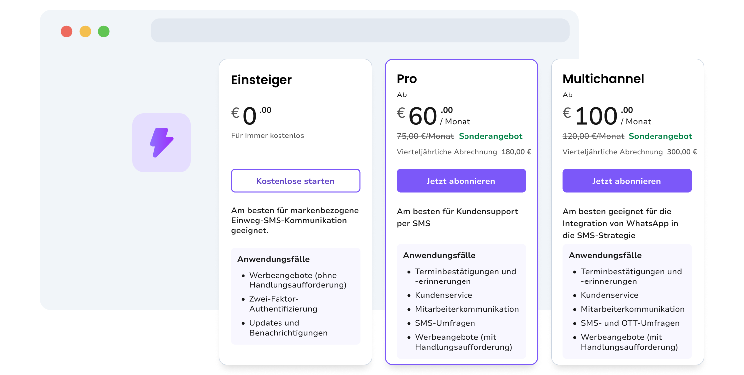Vorschau der Preispläne in TopMessage.