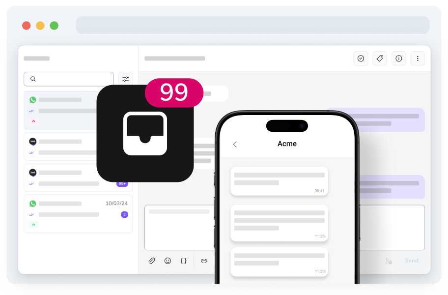 Darstellung: Messaging-Plattform mit Smartphone und Benachrichtigungs-Badge, das 99 Nachrichten zeigt – Symbol für hohe Nachrichtenaktivität.