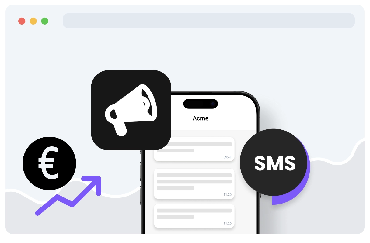 Darstellung: Smartphone mit SMS- und Megaphon-Symbolen, daneben Euro-Zeichen und Aufwärtspfeil – Symbol für Marketing und Umsatzwachstum.