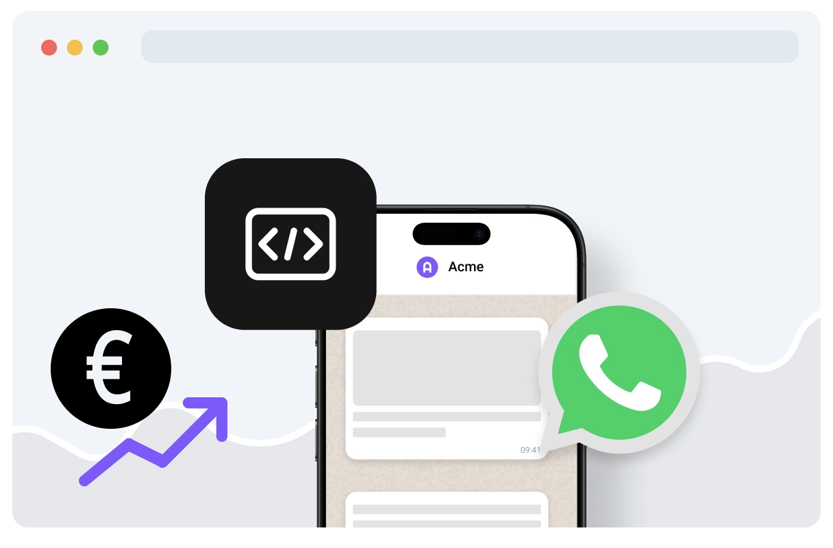 Darstellung: Smartphone mit WhatsApp- und Coding-Symbolen, dazu Euro-Zeichen und Aufwärtspfeil – Symbol für WhatsApp-Integration und Einnahmen für Entwickler.